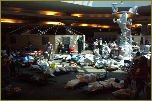 Patients rest on cots and in wheelchairs in airport terminal