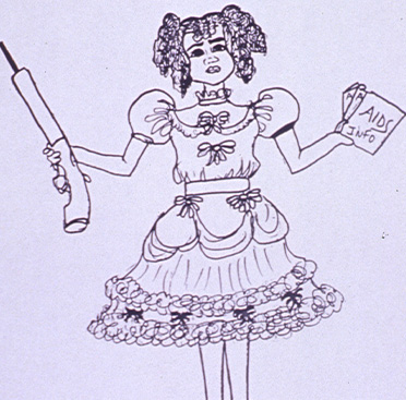 Black and white drawing of an African American girl in a dress, holding a shotgun in one hand and AIDS informational booklets in the other.