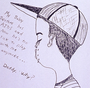 Black and white drawing of an African American boy crying and half faced away from the viewer