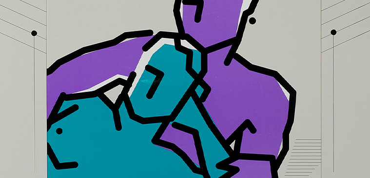 Color drawing of two men lounging together, one is purple the other is teal