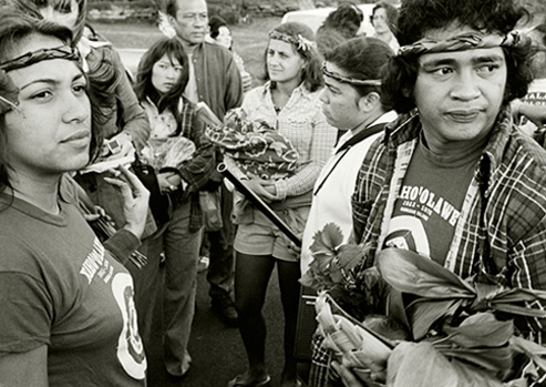 Black and white photograph of  Hawaiian protesters at Kanaloa Kaho‘olawe.