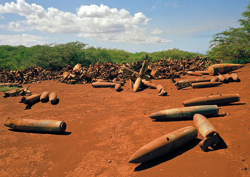 Artillery is scattered across the rust-colored, dirt-covered ground.