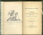 Frontispiece and title page depicting a skeletal angel atop an animal skeleton, from Owen’s On the nature of limbs, 1849.