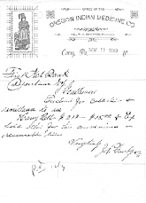 From the office of the Oregon Indian Medicine Co., a notification to the First National Bank of Cooperstown, NY for collection and remittance to them Harry Rolls #218 - $15.00 and Ex hold this for his convenience reasonable time.