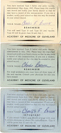 Three health cards for different types of vaccine. The top card is a cream color and is the notification that Charles Brown has recieved the Type I Sabin oral poloio vaccine. The center health card is green in color and is the notification that Charles Brown has recieved the Type II Sabin oral poloio vaccine. The bottom card is a blue color and and is the notification that Charles Brown has recieved the Type iiI Sabin oral poloio vaccine.