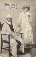 Women written in blue lettering below a black and white image of a woman standing and taking the pulse of a man sitting in a chair. In the upper left corner are the words The Lady Doctor in black lettering.