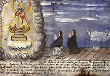 "In the year 1924 in the month of February. She was ill with double pneumonia the girl Ygancia Gonzalez and not finding a cure to alleviate it, Saladonia Salor called out to our Most Holy of Talpa, in a few days... her health ...give thanks to God Our Lord and the Most Holy Mary for such a great miracle. We present this retablo as thanks, March 1st, 1925." Girl in bed suffering from double pneumonia, oil on tin, 1925, Courtesy Historia Antiques.