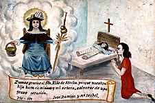 "Ringraziamo il Santo Bambino di Atocha per nostra figlia perché ha camminato e mia moglie, è stato salvato da un grave intervento chirurgico, dicembre 1977, José DamÍan y Maria Isabel." Bambino con le gambe fasciate, 1977, olio su stagno, 8 x 11-3/4, in Messico. Cortesia Historia Antiques.