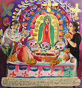 Cuando murio mu esposo Juan José yo quedé muy triste y sin consuelo porque nos amabamos mucho y no podía conformarme con no verlo mas y rece a la Virgen pidiendo volver a verlo y ella me dio el regalo de que cada Dia de muertos al poner el altar de ofrendas mi esposo se aparece por unos segundos y así permanece su imagen intacta en mi memoria y tengo consuelo para seguir viviendo aun sin el. Aceite en la lata, 2008. Cortesía Colección Privada.