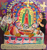 Cuando murio mu esposo Juan José yo quedé muy triste y sin consueol porque nos amabuy mucho y no podia conformarme con no verlo mas y rece ala Virgen pidiendo volvera verlo y ella me dia el regalo de que cada dia de muertos al poner el altar de ofrendas mi y tengo consuelo para seguir viviendo a un si el. Aceite en la lata, 2008.  Cortesía Colección Privada.