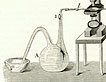 Bulb-shaped glass flask with two long thin necks sits next to an upright brass microscope on a small metal stand.