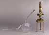 Bulb-shaped glass flask with two long thin necks sits next to an upright brass microscope on a small metal stand.