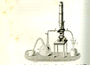 Bulb-shaped glass flask with two long thin necks sits next to an upright brass microscope on a small metal stand.