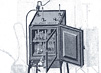 Drawing of an incubator with its door open to show flasks and culture tubes inside.