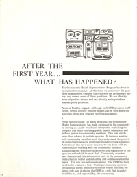 Page 8 of Community Health Representative: A Changing Philosophy of Indian Involvement. The chapter title reads After the First Year... What has Happened?