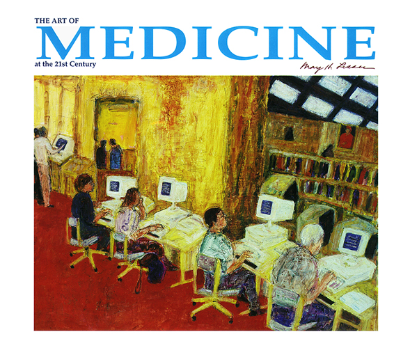 The Art of Medicine at the 21st Century, with the signature of Mary H. Lesser. Below are four patrons in the rotunda of the National Library of Medicine sitting at computers.  On the right of the computers is the reading room with its circulation desk, shelved books with call numbers on their spines, and portraits of the former directors of the Library.