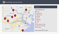 Map with location markers and a text box on the right side including a list of disease vaccines.