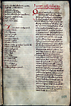 F. 168 recto from Manuscript E 8, Quid pro quo (Products of substitution) credited to Galen. A two column hand written manuscript page. The left column is in an index list with the first letters in red ink with remainder of the letters in black ink. The right column begins with red ink and continues in black ink. Written in pencil upper right corner and stamped in blue ink in the bottom right corner is 168.