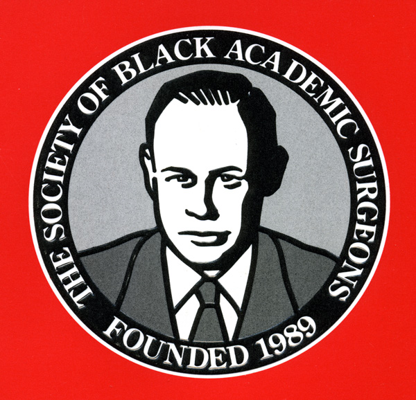 Black and grey illustration of man in a suit encircled with an outer rim noting “The Society of Black Academic Surgeons Founded 1989” 