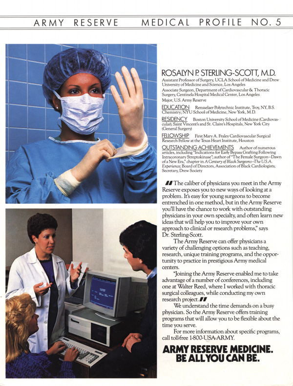 Army Reserve featuring Dr. Scott with two photos—one of Dr. Scott in scrubs putting on white gloves and the other of her with two people around a computer desk.