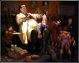 Surgeon with assistants practicing on a human mannequin. A Frankenstein’s monster can be seen to the right. Copyright: This image may not be saved locally, modified, reproduced, or distributed by any other means without the written permission of the copyright owners.