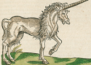 Illustration of a long horned unicorn prancing.