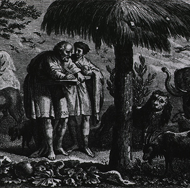 Two men are surrounded by animals in a woodland