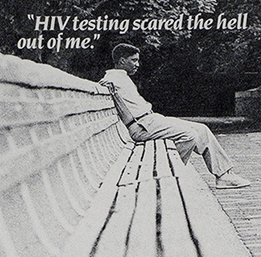 African American man sitting at the end of a long park bench, underneath is a small inset of an African American man on a bicycle smiling.   