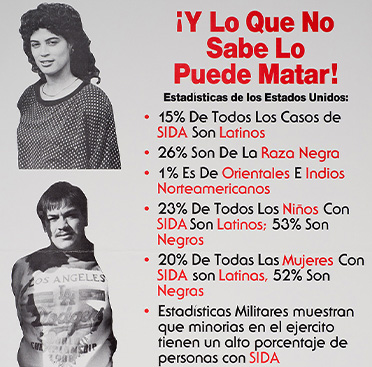 Un cartel con texto, el retrato de una mujer y hombre latinos