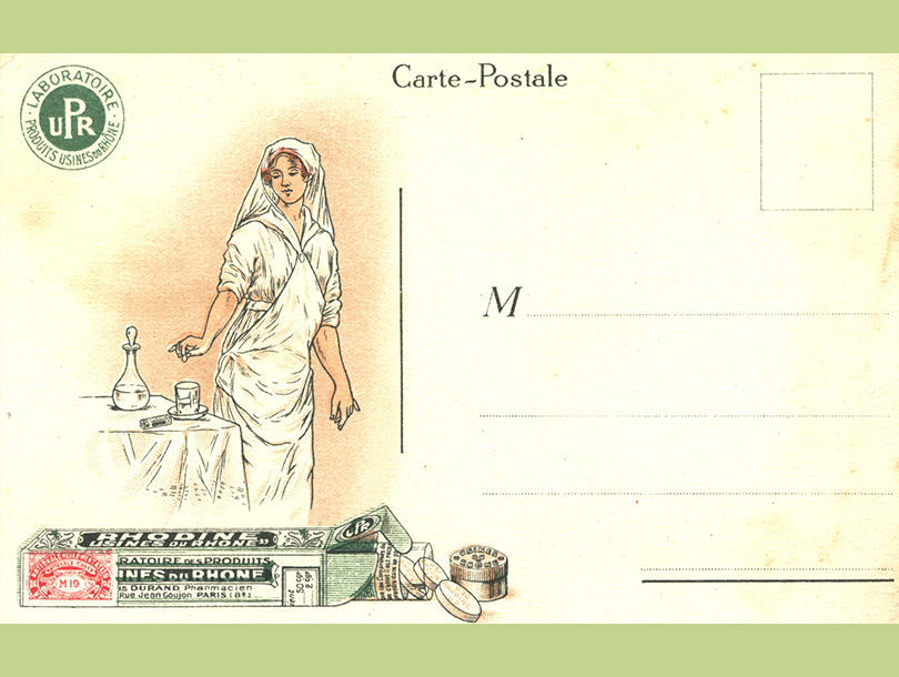 The back of an illustrated postcard advertisement; shows a white woman nurse and package of aspirin