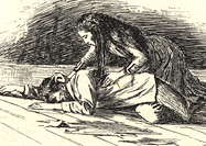 Illustration of a woman leaning over an unconscious man.