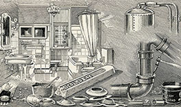 Black and white illustration of a vintage bathroom with industrial plumbing