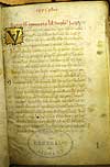 Folio 1 recto from Hippocrates' Aphorismi which begins a section titled Sacratissimi ypocratis liber Amphorismorum incipit. The year and the title are written in red ink while the main portion of the text is a faded brown ink. In the upper left corner is a letter V in blue on gold. At the bottom is a modern stamp of 1 in the right corner and the Surgeon General's Library stamp in the bottom center margin.