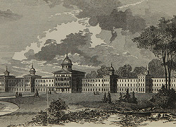 An engraving depicting a long building with six wings of 3 floors and a 4 story central section with a dome and extensive grounds.