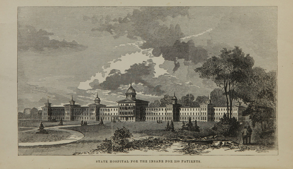 An engraving depicting a long building with six wings of 3 floors and a 4 story central section
with a dome and extensive grounds.