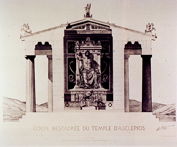 Cross-section of restored temple of Asclepius at Epidaurus, showing a statue of the gad seated on a throne with snakes on and behind the throne.