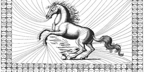 Disease chart showing a rearing horse with a great many lines leading from different parts of the horse’s body to disease names arranged around the edge of the page.