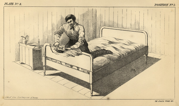 A lithograph of plate number 4, position number 2 of a murder case. A man is kneeling over a woman lying on a bed with knife in his right hand while placing hand over the mouth of the woman and slitting her neck from the front.