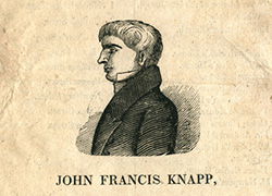 A profile portrait of John Francis Knapp in a coat with a body of text underneath.