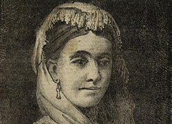 Front cover of a pamphlet, featuring a head and shoulders portrait of Harriett Staunton.