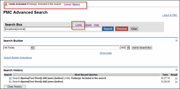 Screen capture of PMC Advanced Search with Limits Activated.