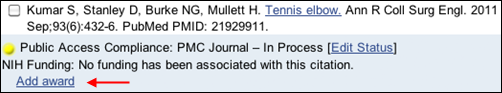 Screen capture of Add award link in citation