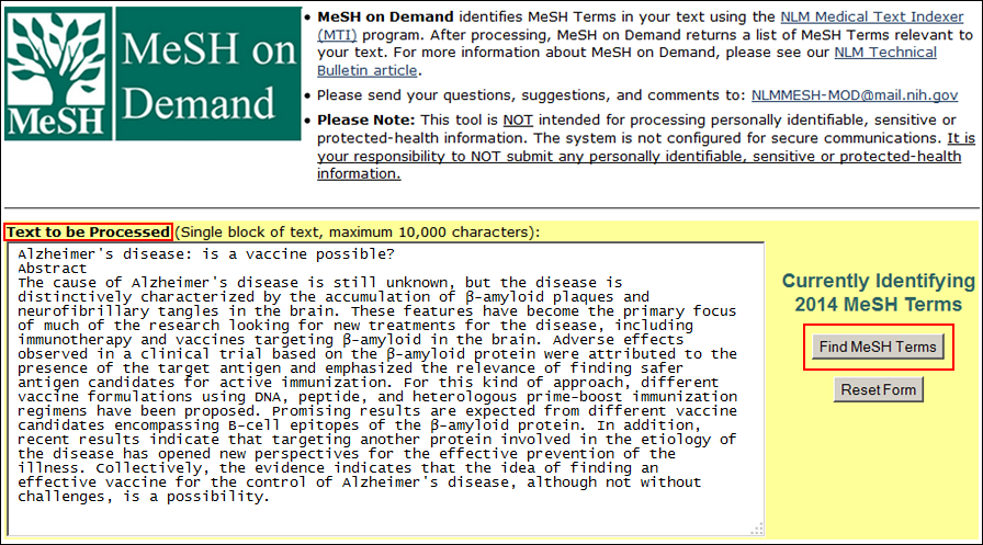 Screen capture of the MeSH on Demand homepage with input text
