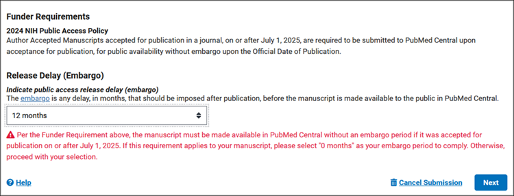 Screenshot of Funder Requirement and Release Delay (Embargo) subsections of NIHMS.
