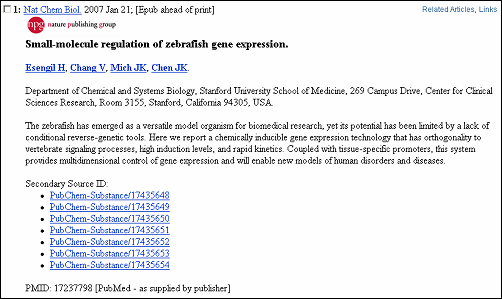 Screen capture of Citation display in PubMed with PubChem  IDs.