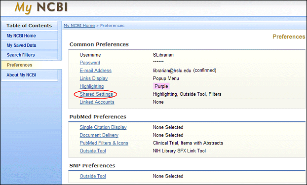 image of New Shared Settings option under My NCBI Preferences.