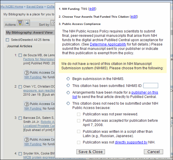 Selections for article compliance.