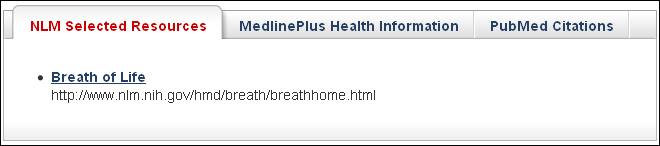 Screen capture of NLM Selected Resources tab displaying the Breath of Life result