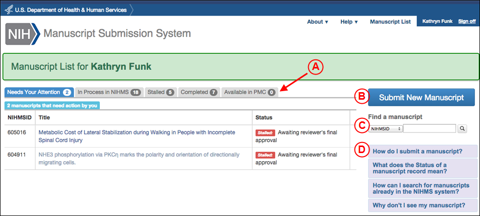 screen shot of Manage and track submissions from the Manuscript List page