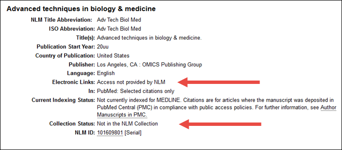 NLM Catalog Full View Record Display.